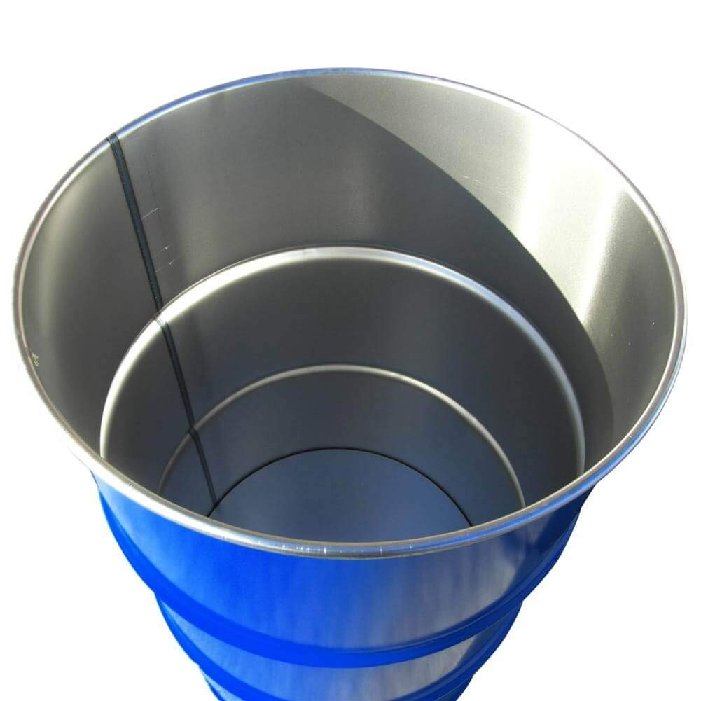 Fusto in ferro cilindrico ad apertura totale, capacità 220 Lt, omologato ADR/ONU per solidi, corpo blu interno grezzo, coperchio con cravatta (incluso)