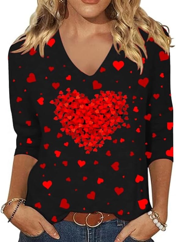 Valentine's Shirt for Women Womens 3/4 Sleeve V Neck T-Shirts Cute Red Lover Heart Graphic Tee