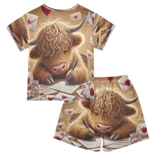 Highland Cow Valentines Pajama Set Short Sleeve Sleepwear Soft Pajamas Shorts Sets Cotton PJS 5Y2