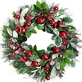 Egolot 24 Inch Christmas Wreath with Pine Needles Holly Leaves Red Berries Bells Christmas Decorations Front Door Wreath for Outdoor Indoor Party Wall Table Home Decor Red Sign
