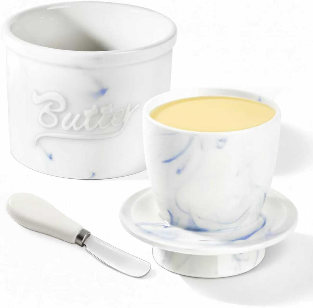 Butter Crock for Spreadable Butter with Lid and Water Line – Ceramic Butter Keeper with Stainless Steel Spreader, Marbled Countertop Butter Jar,