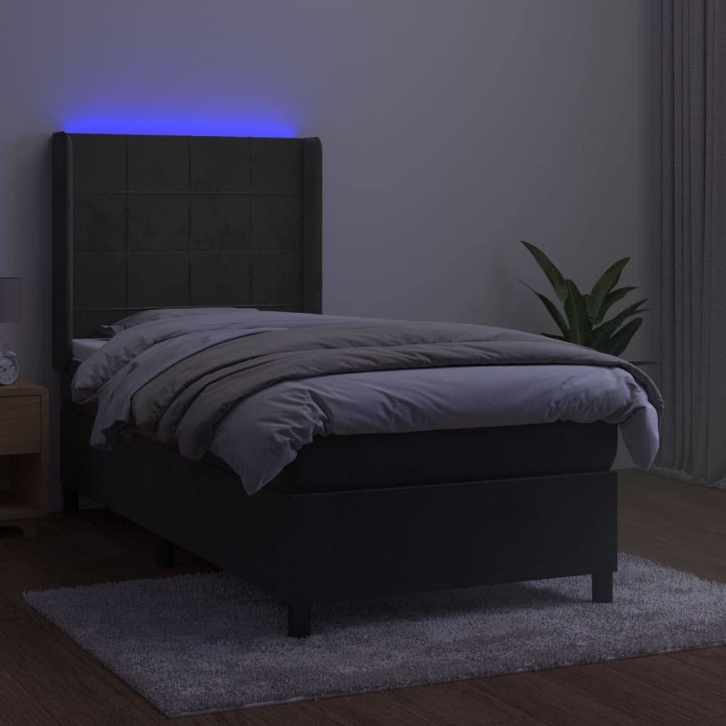 aksamitne LED regulowany zagłówek 100x200 cm szary | Łóżko kontynentalne szary aksamit 100x200cm z materacem sprężynowym i LED do sypialni