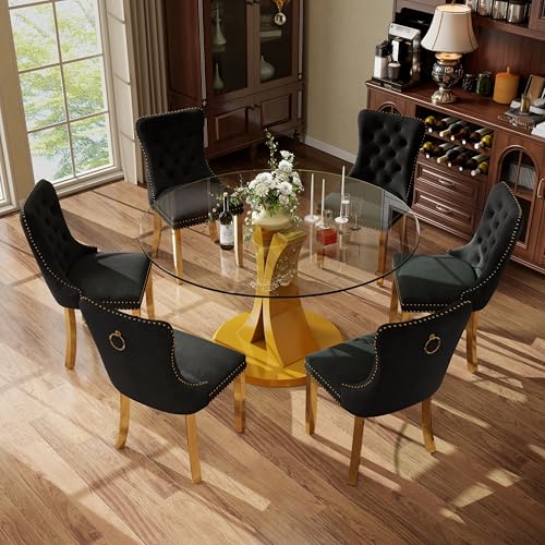 Image of 7-Piece Dining Table Set with 47In Tempered Glass Table and 6 Velvet Upholstered Chairs, Modern Scandinavian Furniture for Dining Room Kitchen(Black&Gold)