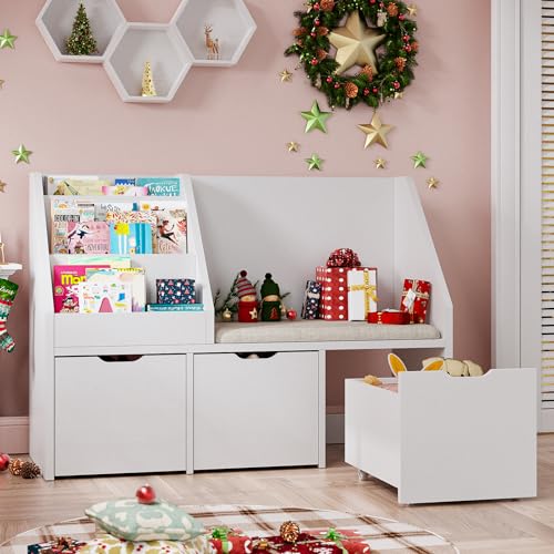 Image of Teckid 39.4'' Kids Bookshelf with Reading Nook, Toy Storage Organizer with Cushioned Bench, 3 Movable Drawers, Toddler Bookcase for Playroom Bedroom Nursery, White