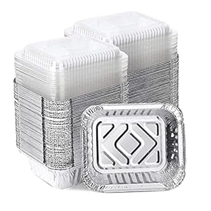 XIAFEI 1LB Takeout Aluminum Pans with Clear Plastic Lids（100PACK）, Foil Pans – to Go Food Containers，Recyclable Aluminum Foil with Strong Seal for Freshness & Spill Resistance- 5.5″x 4.5″x 1.57″