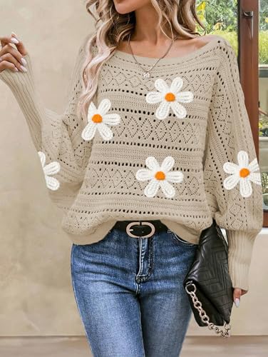 Image of Cakulo Womens Off Shoulder Sweater Top Fall Outfits 2025 Oversized Knit Batwing Long Sleeve Crochet Sweaters Flower Khaki M