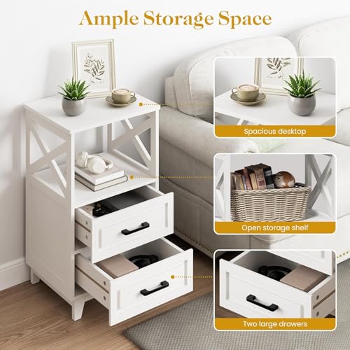 Image of RoyalCraft 30 inch Tall Nightstand, Modern Painted Bedside Table with 2 Drawers and Open Shelf, Wood Side Table for Bedroom, Home Office, White-Open Shelf Above, Set of 2