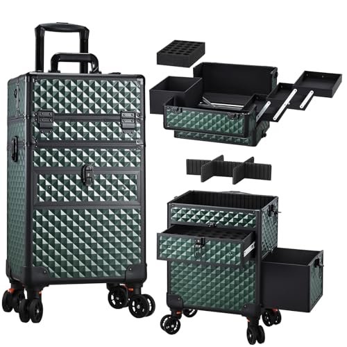Joligrace Rolling Makeup Case with Drawers Dark Green