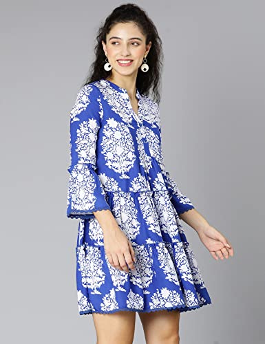 Image of oxolloxo Women Viscose Flared Regular Sleeves Floral Blue Casual Dress