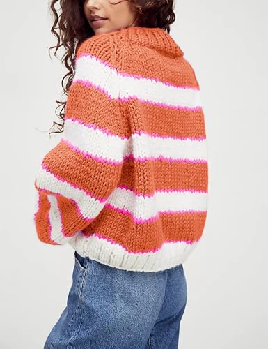 Image of Yeokou Women Stripe Pullover Sweater Turtleneck Ribbed Knit Top Casual Fall Winter Chunky Knitwear