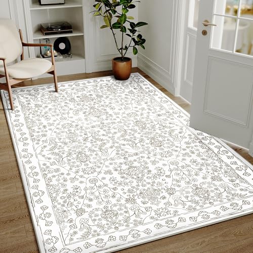 Floral Area Rug 4x6 Washable Entryway Taupe Carpet Non Slip Boho Thin Farmhouse Throw Accent Rug for Living Room Bedroom Office Kitchen Bathroom