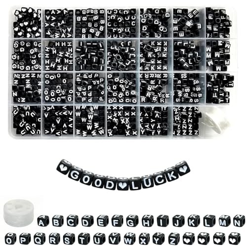 Amaney 810pcs Black Letter Beads 6x6mm Cube Acrylic Alphabet Beads and Cristal Line for Jewelry Making Bracelets Necklaces Key Chains
