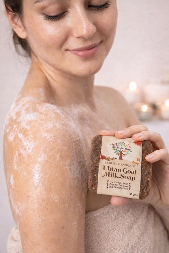 Image of Luxury Handmade Ubtan Goat Milk Soap, Saffron, Neem, Sandalwood & Rose Petals, Traditional Care for Tan Removal, Deep Cleansing and Glowing Skin, 50 gms, Pack of 5