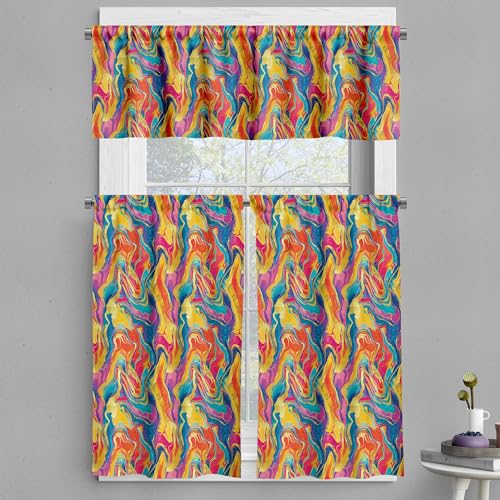 Ambesonne Colorful Valance & Tier Curtain 3 pcs Set, Freeform Modern Abstract Bold Intricate Warm Tones Oil Paint Print, Window Treatments for Kitchen Room Decor, 55" x 36", Vermilion Blue Multicolor
