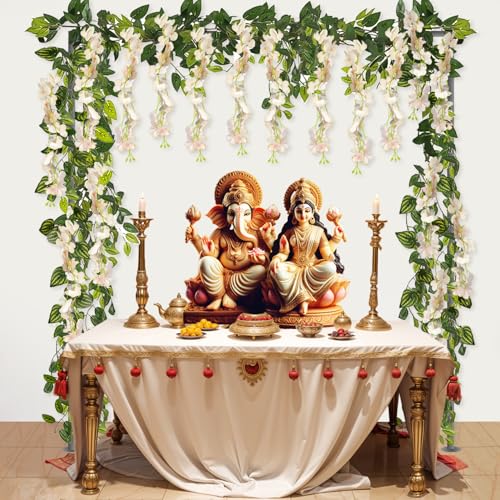 Image of Party Propz Ivory Wisteria Artificial Flowers for Decoration - 12Pcs (3.6ft), Money Plant Artificial Leaves- 2Pcs(8ft), Haldi Decoration Items for Home Decor, Flowers for Decorations Backdrop