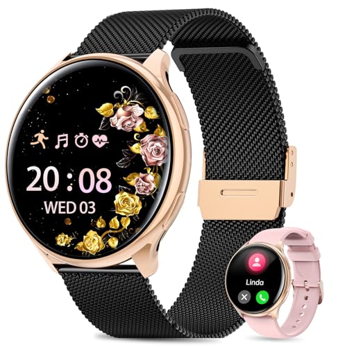 QEYUMYEU 2025 Montre Connectée Femme, 1.39 TFT Smartwatch avec Appel Bluetooth, Moniteur de Sommeil, SpO2, Cycle Menstruel, 100+ Modes Sport, IP68, Fitness Podomètre pour Android iOS(Or Noir)