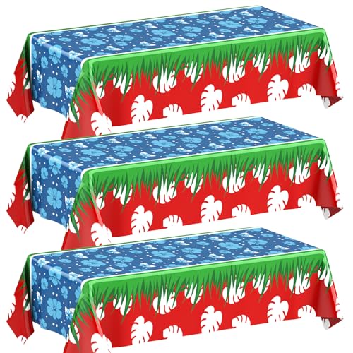 Image of Oudain 3 Sheets Hawaii Hibiscus and Tropical Leaves Tablecloth Birthday Party Decorations Blue Alien Cartoon Table Covers for Birthday Party Supplies