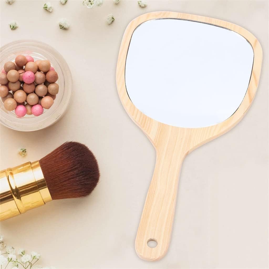 NERDOH Portable Handheld Vanity Mirror Makeup Mirror Wooden Handle Travel Makeup Mirror (Color : A, Size