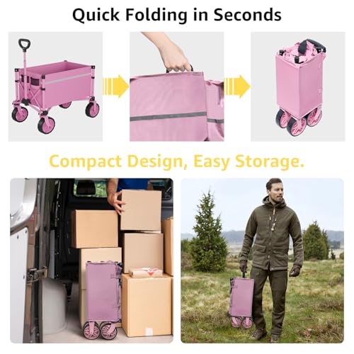 Image of ROSONG Collapsible Wagon Cart with Wheels Foldable - Folding Utility Heavy Duty Wagons Carts for Grocery Sports Garden Shopping Camping Wheelbarrows (Pink, 90L)