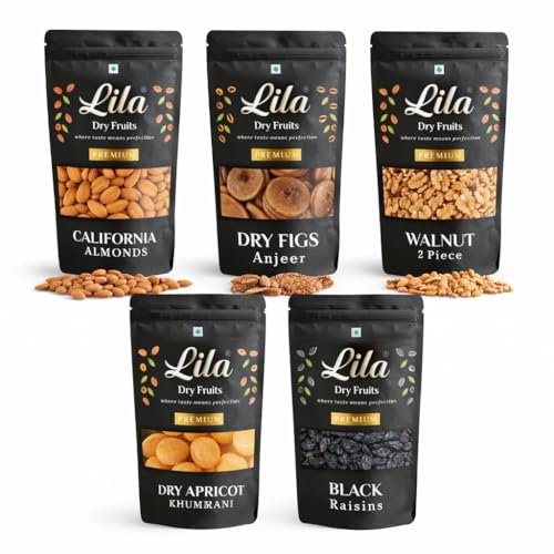 Image of LILA DRY FRUITS Combo Pack Almonds Walnuts Anjeer Apricots Black Raisins 200 g x 5 Each | Premium Assorted Dry Fruits Pack for Daily Nutrition, Energy & Healthy Snacking Perfect for Gifting