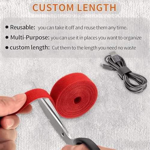 Image of IFNOW 32FT Reusable Fastening Tape Cable Ties Double-Sided Hook-and-Loop Cable Management Tape Strength and Durability 0.4'' /Width (2, Red)