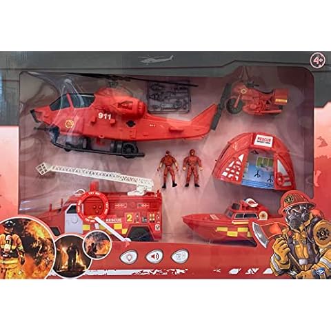 XXL Firefighter Set with Truck, Boat, Helicopter, Motorcycle, Tent and Fire Brigade Tools Cover
