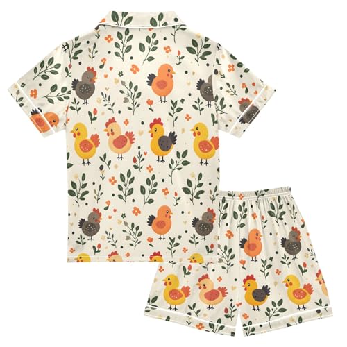 Simple Cute Chicken Pattern Summer Satin Pajama Set, Cute Button-Down Sleepwear Pj Set for Sleep Wears2