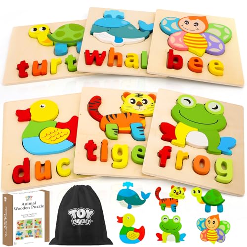 Image of TOY Life Toddler Puzzles Ages 2-4, 6 Animals with Spelling Wooden Puzzles for Toddlers 3-5, Montessori Toys Gifts for 1 2 3 Years Old Boys Girls, Birthday Gifts Educational Learning Toys for Kids
