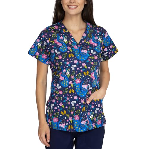 B-well Bambina Schlupfkasack Damen Kasack Kurzarm V-Ausschnitt Kasacks Damen Pflege Motiv (Pfau, XL)