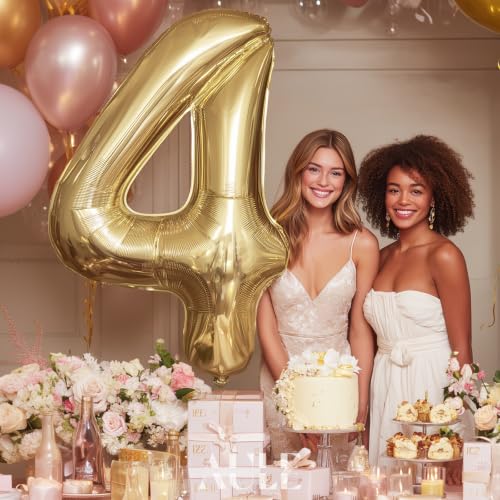 Image of AULE 40 Inch Large 4 Balloon Numbers Light Gold, Big Foil Number Balloons, Giant Helium Happy Birthday Party Decorations for Man and Women, Huge Mylar Anniversary Party Supplies