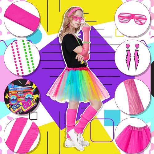 Tacobear 14Pcs Kids 80s Costume 5T-14 Accessories Set Halloween Party Fancy Outfits Cosplay 1980s Theme Retro Hop Hip Party for Girls Teen Tween Teenager 6 7 8 9 10 11 12 13