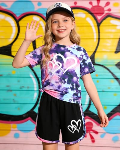 Image of Kids Girl Clothes Tie Dye Heart Print Short Sleeve Top and Shorts Toddler Girl Summer Outfits Short Set