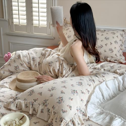 Image of BuLuTu Chic Shabby Vintage Floral Duvet Cover Twin for Kids Girls Boys 100% Cotton Muslin Ruffled Quilt Cover Twin Comforter, 68 inchx86 inch, Soft Breathable, Zipper Closure, No Pillowcase