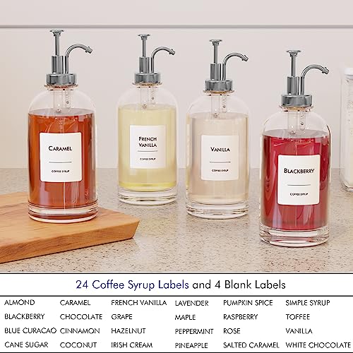 Image of 16.9 oz /500 ml Coffee Syrup Dispenser Set - 2 Glass Bottles with Silver Pumper and Syrup Labels - Precise Dispensing and Stylish Addition to Coffee Shop, Cafe or Home Bar