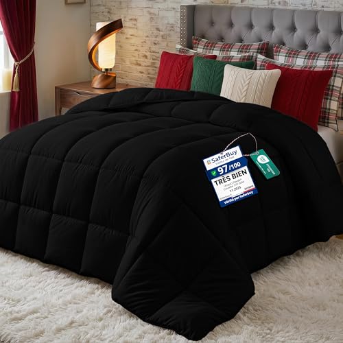 Utopia Bedding Couette 200x200 cm, Couette Chaud 370 GSM, pour lit 2 Personne, Couverture Noir avec Onglets d'angle (Noir)