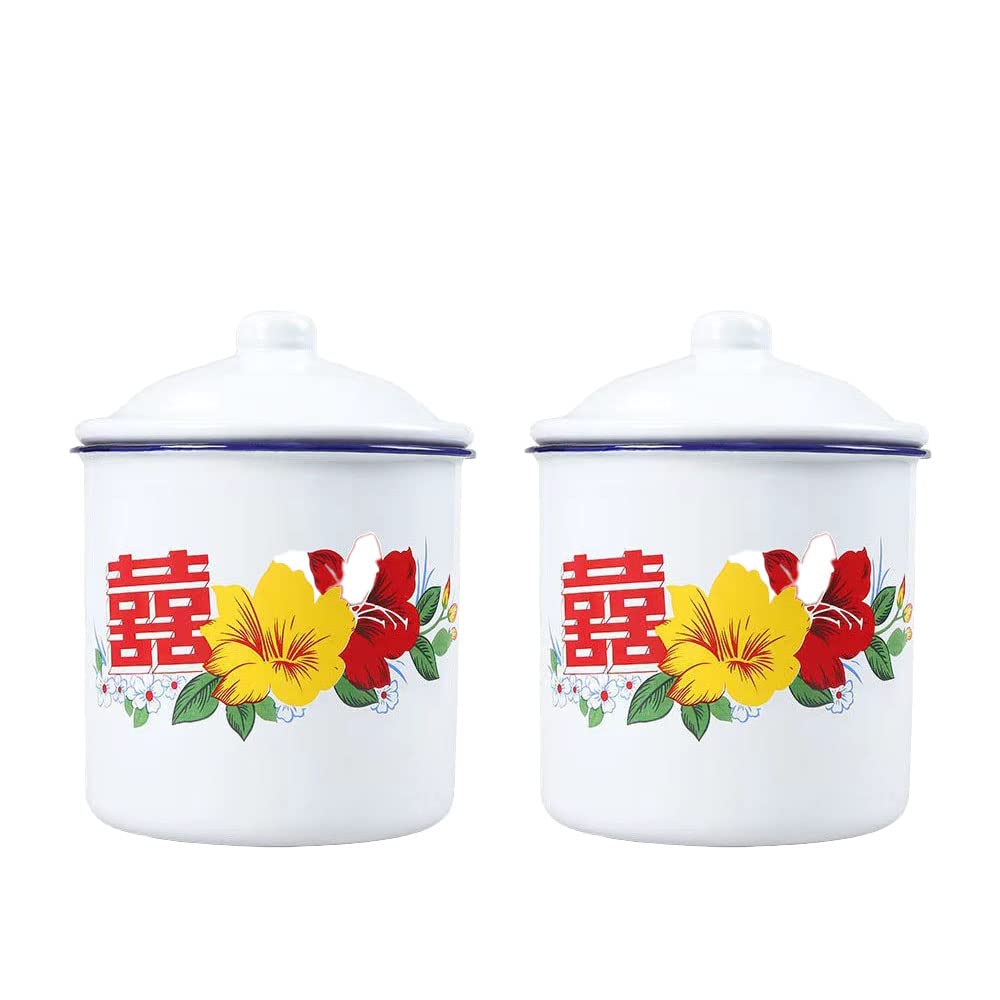 JinRu BaoHua Teacups 2Pcs, Enamel Metal Drinking Mugs, Coffee Milk Cup, Beer Mug, Retro Chinese style Water Cups with Handle, 12fl.oz(350ml)/Pcs