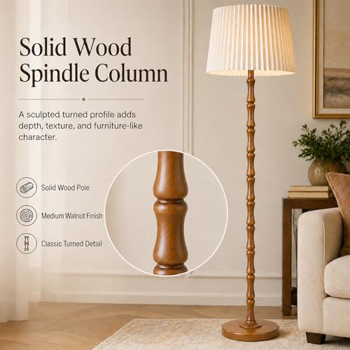 Image of Real Wood Floor Lamp with Dual Lampshades, Sculptural Spindle Standing Lamp with Foot Switch, Modern Farmhouse Dimmable Floor Lamp for Living Room, Bedroom, Reading Corner & Cozy Home Decor