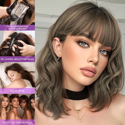 Image of AISI HAIR Synthetic Wavy Curly Bob Wig with Bangs Brown mix Caramel Blonde Short Hair for Women Synthetic Heat Resistant Bob Wigs