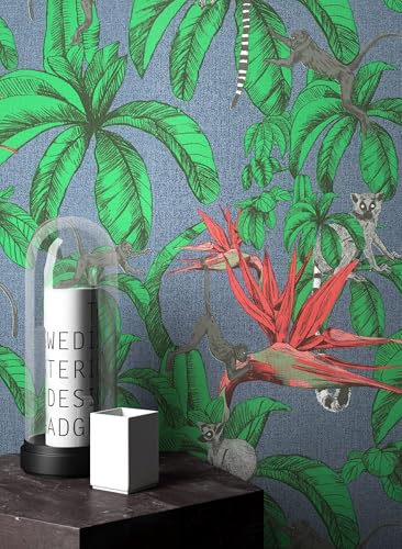 Newroom Design Tapete Dschungel Blumen Grün Vliestapete Blau Vintage Tapete Affe Tukan Blätter Mustertapete Wallpaper Blumentapete Floral