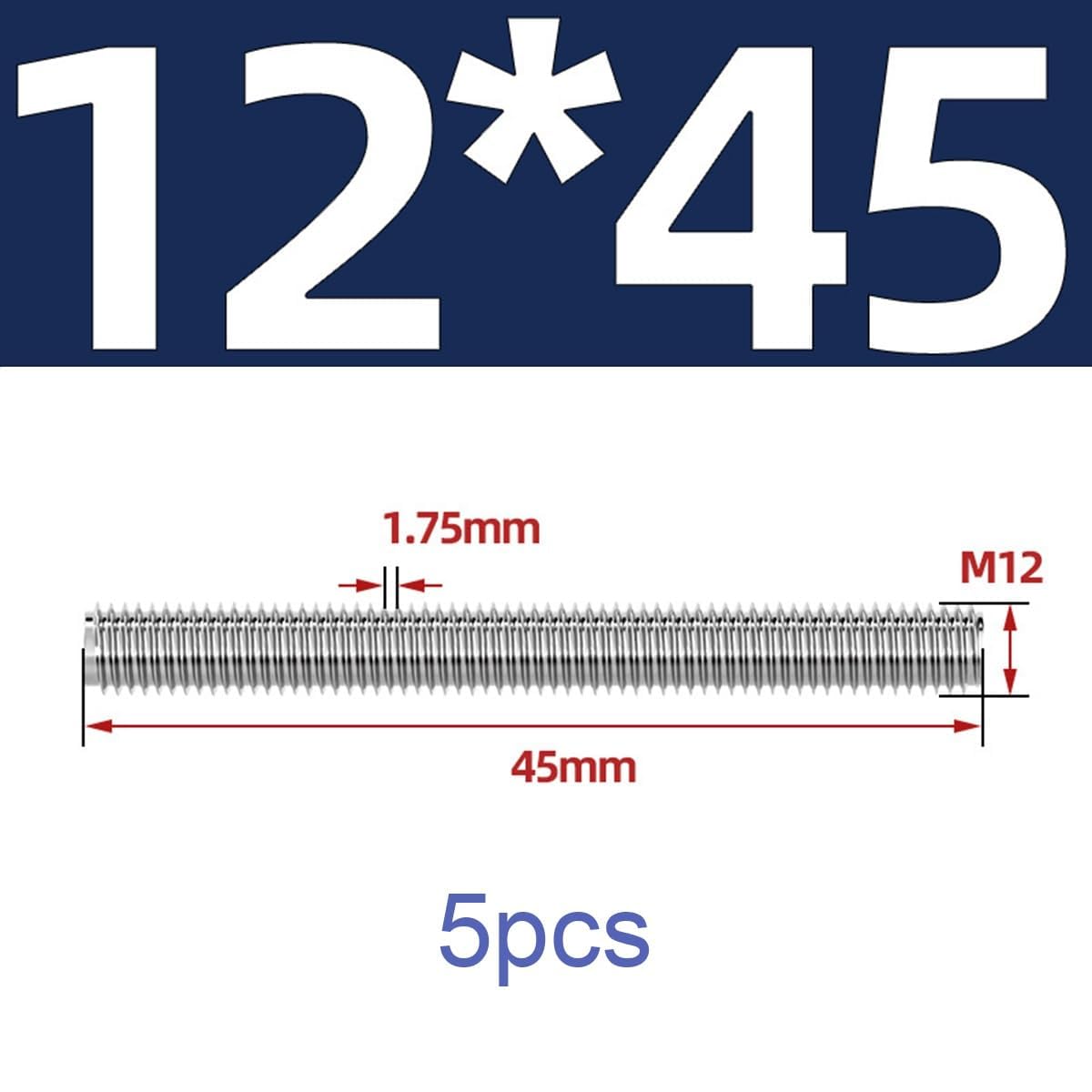 Stainless Steel Fully Threaded Rod， Fully Metric Threaded Bar Bolt Screw M12 Fasteners Stud Rods 30-500mm