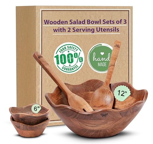 Melvvi Large Wooden Salad Bowl Set with 2 Serving Utensils