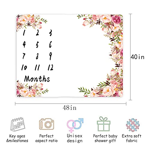 Image of Milestone Blanket, Floral Print, 100% Fleece, Single Layered, 48x40 inches, White, Unisex, Winter, Photography, Baby Care, Indoor Use