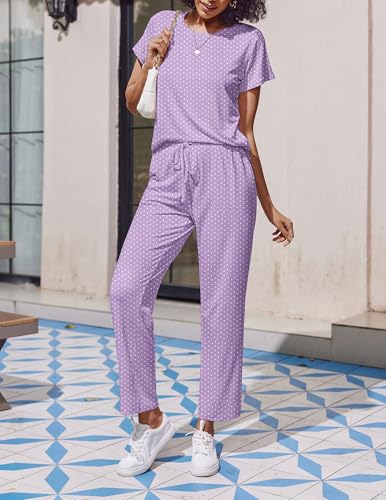 Image of Ekouaer 2 Pack Pajamas for Women Set Short Sleeve Sleepwear Top and Pants Pjs Soft Printed Lounge Sets with Pockets Purple Dots /Navy Blue Moon Small
