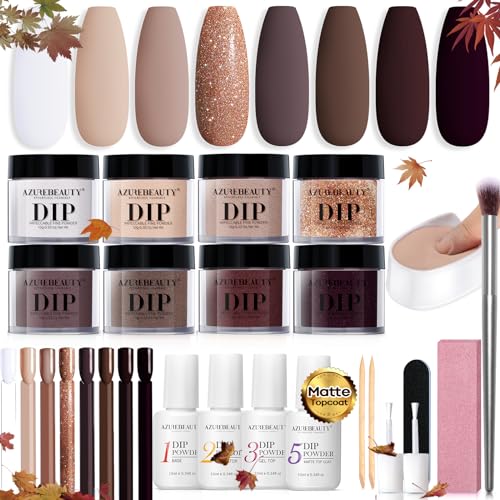 AZUREBEAUTY 30Pcs Dip Powder Nail Kit Starter 8 Colors Fall Nude Brown Glitter Purple Nude with Nail Sticks Nail Art Liquid Set with Matte/Base/Top Coat Activator for French Manicure Salon