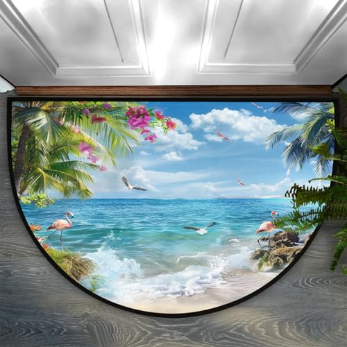 Image of Half Round Doormat Summer Flamingo Bird Flowers Non Slip Half Circle Area Rugs Indoor Washable Half Moon Rug Semi Circle Bathroom Runner Mat Entrance Floor Carpet for Kithen Bedroom Fireplace Decor