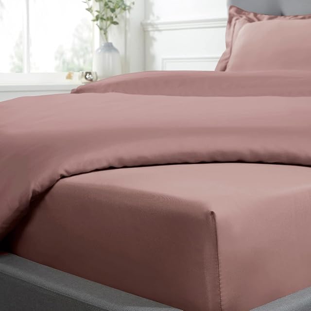 Sleepdown Fitted Sheet 100% Cotton Sateen Soft Cosy 10" 25cm Deep 300 Thread Count Luxury Bedding Bedsheet Bed Linen - Blush Pink - Double