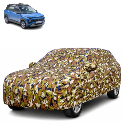 Image of Waterproof Car Body Cover for Hyundai Exter with Mirror Pocket| Cotton Inner Lining | Triple Stitched | All Weather Protection | Dust, UV & Rain Proof (Camouflage with Blue Piping)