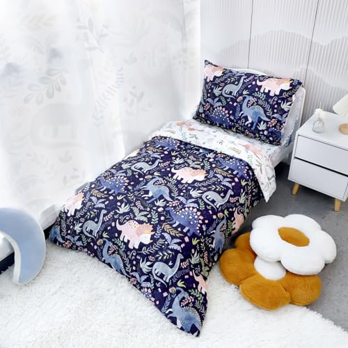 Image of Pea Pod 4 Piece Dinosaur Toddler Bedding Set for Boys, Premium Blue Toddler Comforter Set Crib Sheets Set Includes Flat Top Sheet, Fitted Sheet, Comforter, Envelope Pillowcase,Ultra Soft