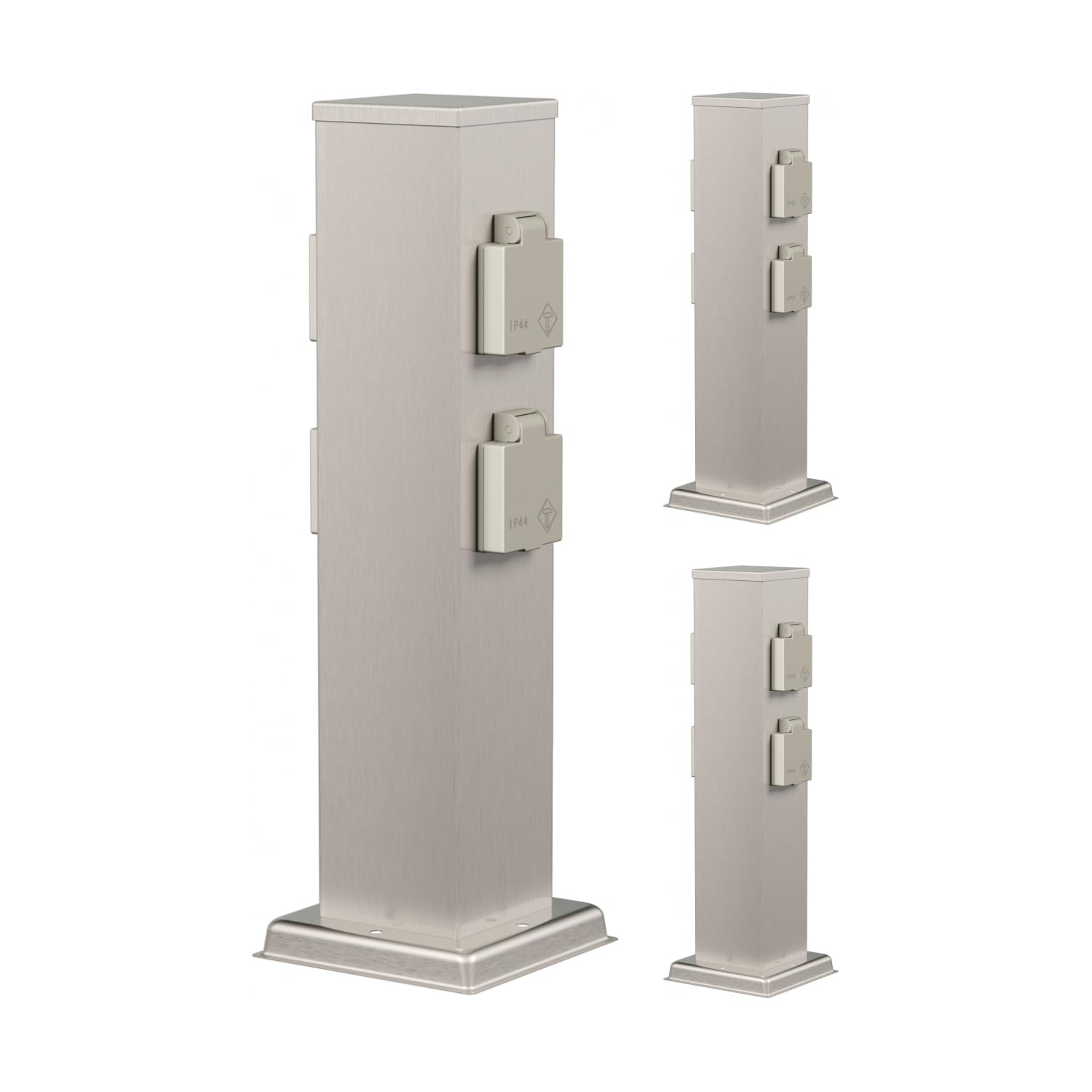 ledscom.de 3 Stück Garten Steckdosensäule Polly für außen, IP44, 4-Fach, Edelstahl, Edelstahl, eckig, 40 cm