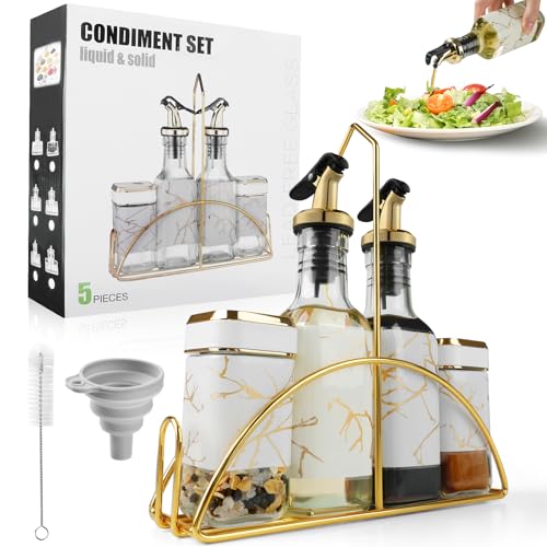 SXTIHD Botella de aceite y vinagre de 200 ml*2 y recipiente para especias de 120 ml*2, 5 en 1, dispensador de pimienta con embudo y cepillo duro (película de plástico)